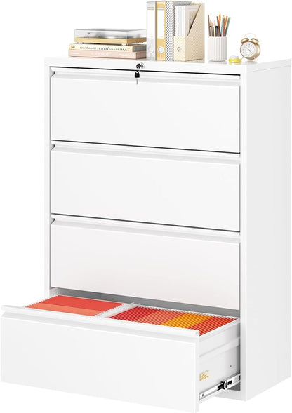 Greenvelly 4 Drawer Lateral File Cabinet with Lock, White Metal Filing Cabinet for Home Office, Locking Metal File Cabinet for Legal/Letter/A4/F4 Size with Hanging Bars&Key