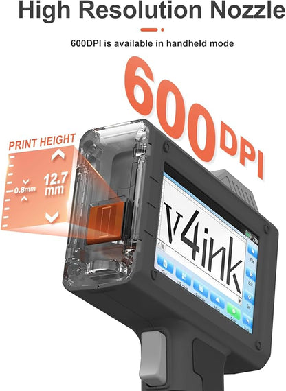 v4ink BT-HH6205BL Handheld Inkjet Printer with Photoelectric Sensor, Variable Data Printing, 16H Runtime, 0.5in Print Height, Print Text Number Barcode QR-Code Image on Any Surfaces