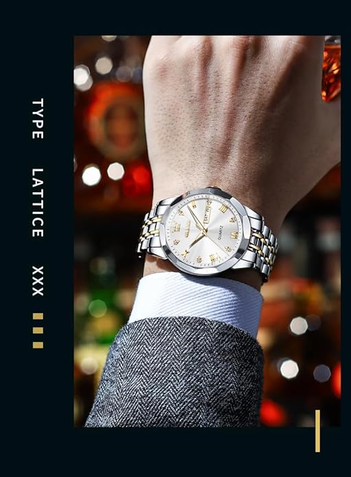 OLEVS Mens Watch Stainless Steel Analog Quartz Watches for Men Day Date Easy Read Diamond Waterproof Dress Luxury Classic Casual Big Face Blue/Black/Gold/Silver Roman Arabic Numerals Men's Wrist Watch