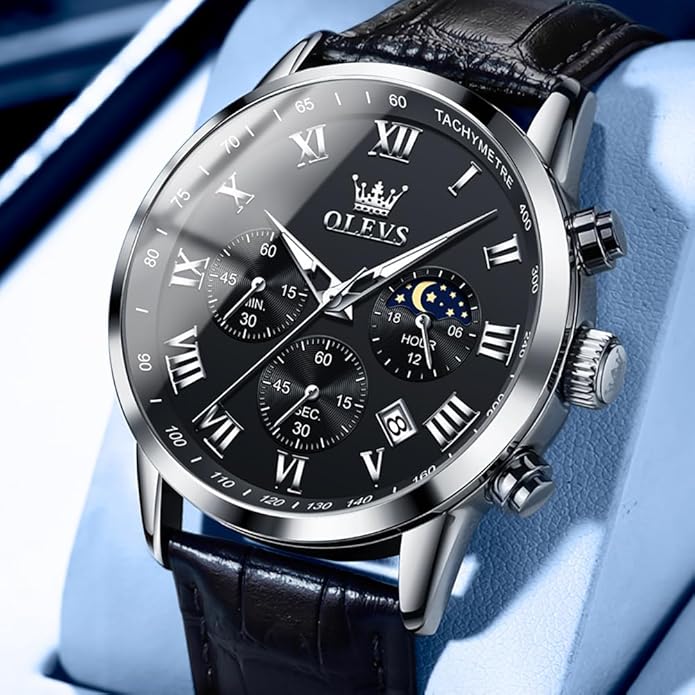 OLEVS Men's Leather Analog Quartz Watch - Luxury Chronograph Wristwatch With Date, Waterproof, Luminous - Dress Style