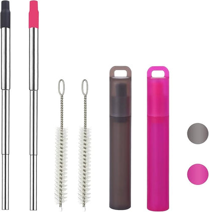 NAIVELY-Metal Reusable Straws, 2 Pack Collapsible Portable Stainless Steel Straws, with Plastic Housing Silicone Tips and Cleaning Brush, Retractable Portable Pocket Drinking Straws