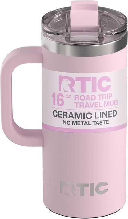 RTIC 16oz Road Trip Travel Mug with Lid and Handle, Ceramic Lined, Insulated, Stainless Steel, Metal, Double Wall Vacuum-Insulation, Portable Coffee, Tea Cup for Hot and Cold Drink, Pale Pink