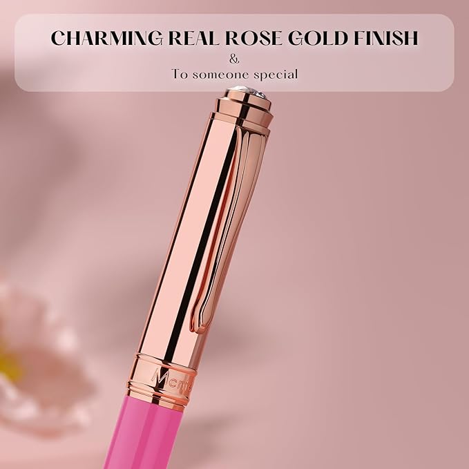 Luxury Rollerball Pen, With 8mm Brilliant diamond,Vibrant Pink Pen,Attractive Real Rose Gold Finish, Schmidt Black Refill,Glitter Fancy Pens Gifts for Women Wedding Bridesmaid Office,Nice pen