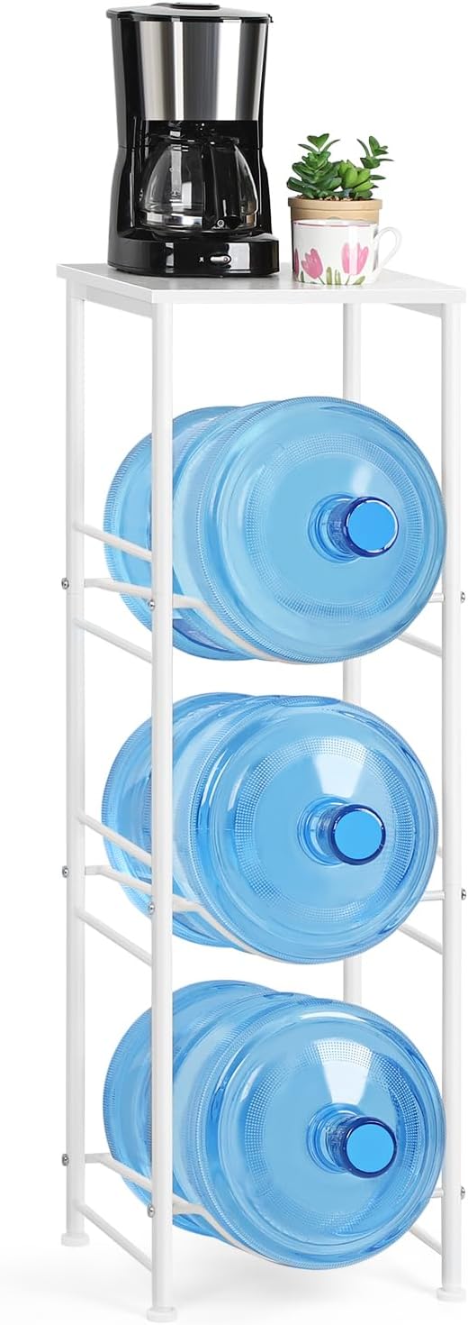 5 Gallon Water Bottle Jug Holder 3-Tier Water Bottle Holder Organizer with Top Shelf, Heavy Duty Water Dispenser Stand Rack for Kitchen Living Room Office, White