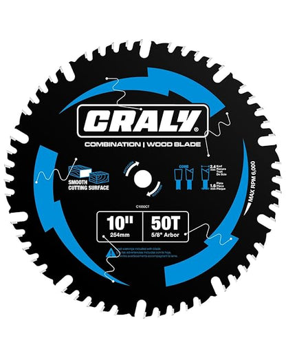 CRALY 10 Inch 50 Teeth Combination Saw Blade, 5/8 Inch Arbor Carbide Tipped Circular Saw Blade, Thin Kerf, Black Ice Coating, for Cutting Wood & Wood Composites with Table Saw, Miter Saw(C1050CT)