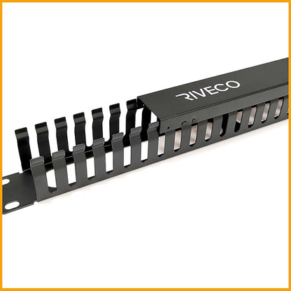 RIVECO 1U Cable Management for Racks & Server Cabinets Managing Cord & Wire, Cable Raceway for 19” Rack Mount 24 Slots Standard Capacity Black, 1 Piece
