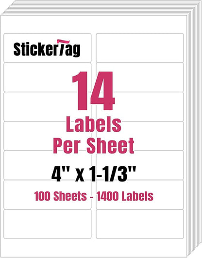 14UP 4" x 1-1/3" Shipping Labels Compatible with Laser & Inkjet Printers, Address Mailing Labels Self Adhesive Stickers (100 Sheets)