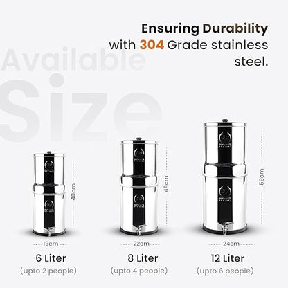 Gravity Water Filter System - 1.5 Gallons NSF Certified AISI 304 Stainless Steel Countertop Water Filter System with 2 Smart (Black) Carbon Filter Elements & Free Stainless Steel Water Spigot (1.5G)
