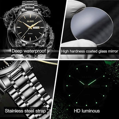OLEVS Men's Luxury Watch Waterproof Luminous Easy Read Chronograph Watches Full Gold/White Dail/Black Face with Calendar Wristwatch