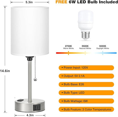 White Bedside Lamp for Bedroom - 3 Color Temperatures Desk Lamp with USB C and A Ports, Pull Chain Table Lamp with AC Outlet, Nightstand Lamp with Silver Metal Base for Kids Girls