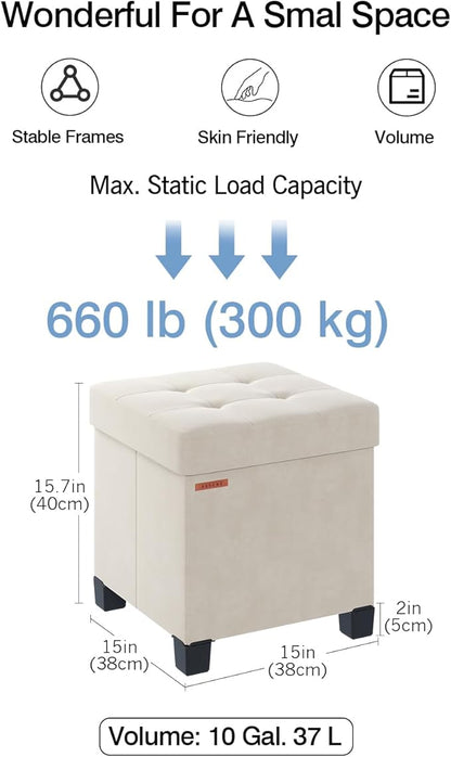 Cube Storage Ottoman, Velvet Foot Stool with Feet, Folding Bench, End of Bed Bench, Storage Chest, for Living Room, Bedroom and Office, 15 x 15 x 15.7 Inches, Cream White, ASND22W