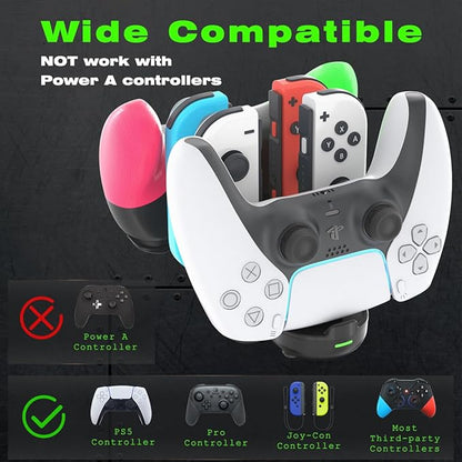 Switch Controller Charger for Nintendo Switch, Charging Dock with JoyCon/Pro / PS5 Controller, Charger Station with LED Indicator and Charger Cable for JoyCons, 6 in 1 Nintendo Charging Dock