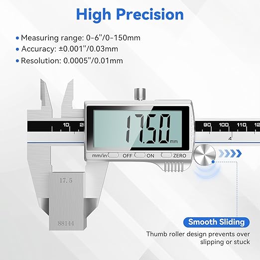 Housolution Digital Caliper, 8Inch Caliper Measuring Tool with Large LCD Screen, Inch/MM Switch, 4 Measuring Ways, Stainless Steel Micrometer Vernier Caliper with Splashproof Screen for Woodworkers
