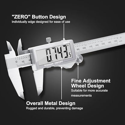 Preciva Digital Caliper, Electronic Stainless Steel Caliper Measuring Tool, Micrometer Calipers with Large LCD Screen, Switch from Inch Metric Fraction, Auto-Off Feature (6INCH/150MM)