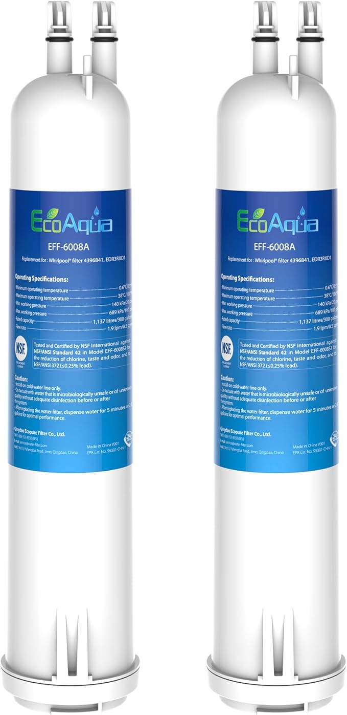 EcoAqua 4396841 Replacement for Everydrop庐 Filter 3, EDR3RXD1, EDR3RXD1B, 4396710, 9083, 9030, 46-9020, 46-9020P, P1WB2, P1WB2L Refrigerator Water Filter, 2 Filters
