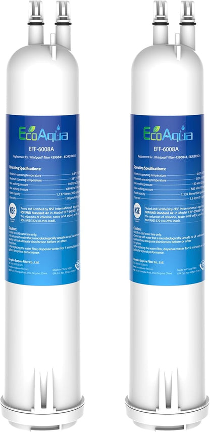 EcoAqua 4396841 Replacement for Everydrop庐 Filter 3, EDR3RXD1, EDR3RXD1B, 4396710, 9083, 9030, 46-9020, 46-9020P, P1WB2, P1WB2L Refrigerator Water Filter, 2 Filters
