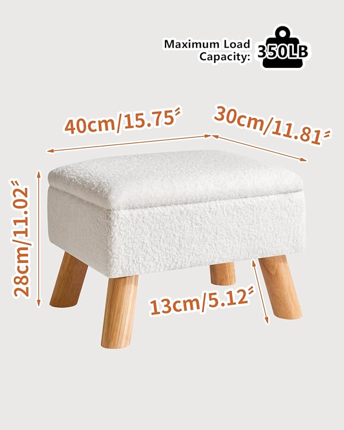 YMYNY Storage Ottoman, Small Foot Stool Ottoman with Storage, Foot Rest with Padded Seat, Teddy Velvet, Sturdy Wood Legs Stool for Living Room Bedroom Couch Enterway, White UHBD042W