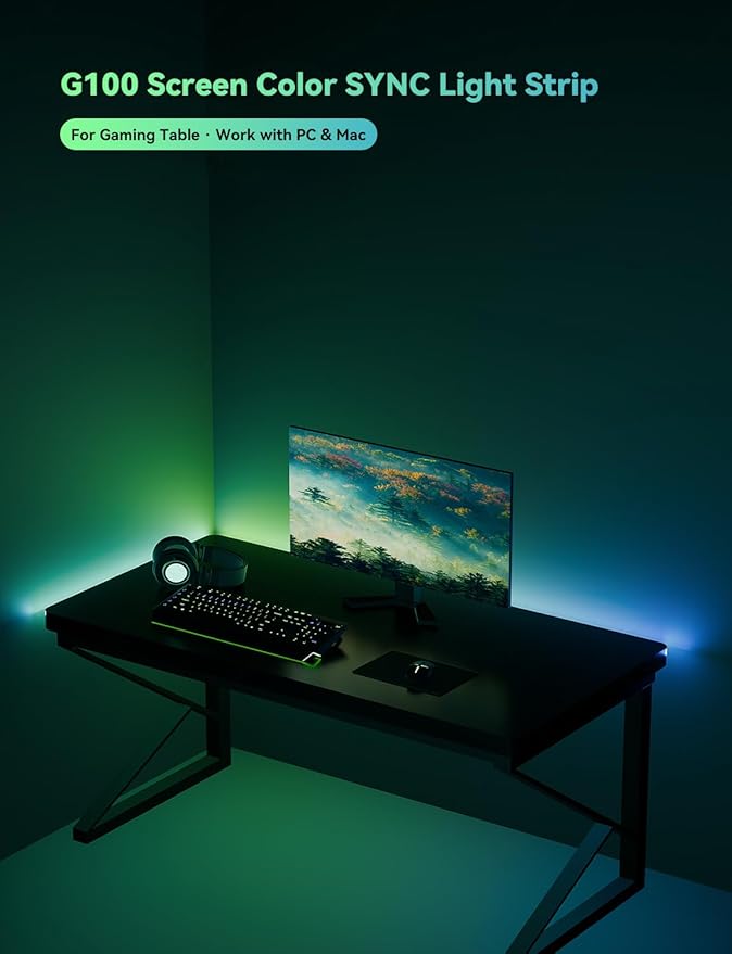 RGB Backlight for PC & Mac, LED Strip Light Sync with Screen Color or Music, Stick to The Edge of Your Desk, LEDs for Desk Gaming, USB Port, Software Control, 6.57ft / 2m