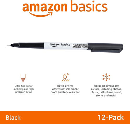 Amazon Basics Ultra Fine Point Permanent Markers, Black, 12-Pack