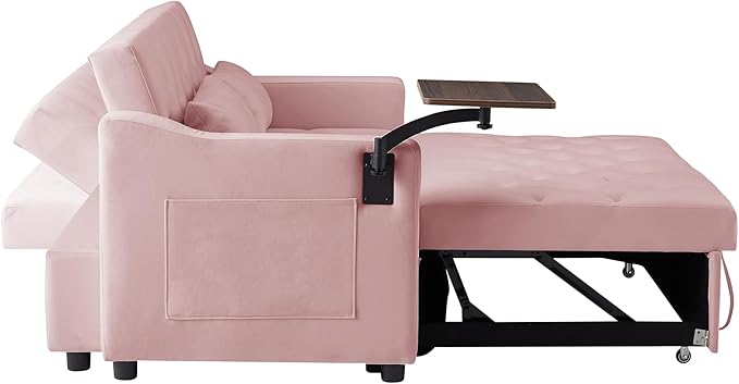 53'' Convertible Sleeper Sofa Bed with Adjustable Backrest, Chaise Lounge, Side Table & Two Pillows – Stylish & Functional Addition to Any Living Room (Modern Pink)