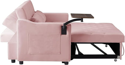 53'' Convertible Sleeper Sofa Bed with Adjustable Backrest, Chaise Lounge, Side Table & Two Pillows – Stylish & Functional Addition to Any Living Room (Modern Pink)