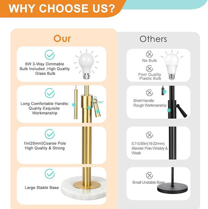 【Upgrade】 Gold Floor Lamps for Living Room, 55"-67" Height Adjustable Modern Standing Lamp with Marble Base, Pull Chain Switch, 3-Way Dimmable Tall Pole Lamp for Bedroom Office Reading, Bulb Included