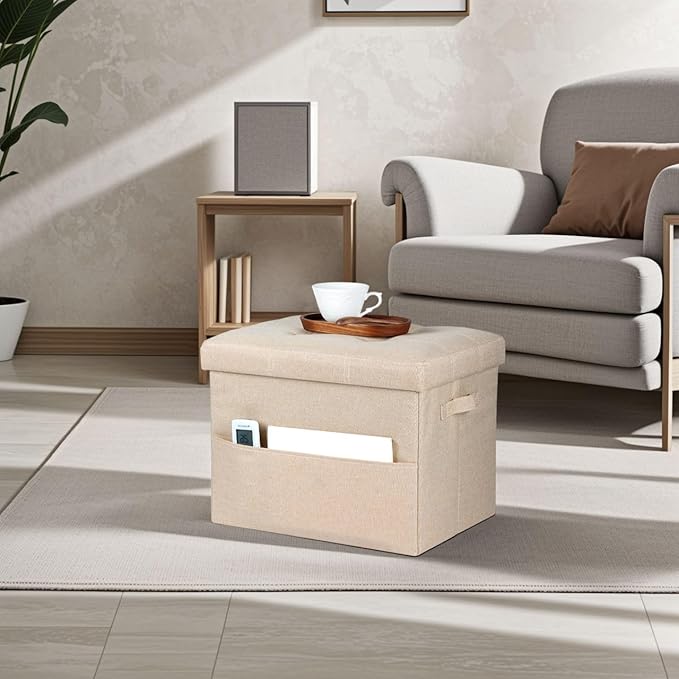 Storage Ottoman Foot Rest, Folding Linen Cotton Ottoman with Storage with Side Pockets and Handle, Foot Stool for Lounge, Study Corner, Home Office, 17x17x13 Inches, Beige