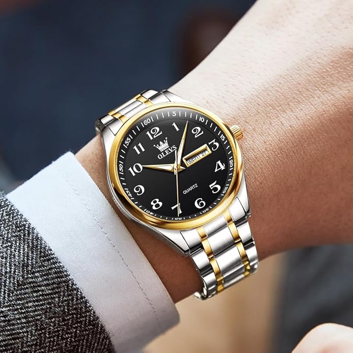 Men's Casual Stainless Steel Watch, Big Face Easy to Read Analog Quartz Watch with Day and Date, Classic Waterproof Diamond Roman Arabic Numerals Dial Dress Watch for Men, Gold Silver Black Band
