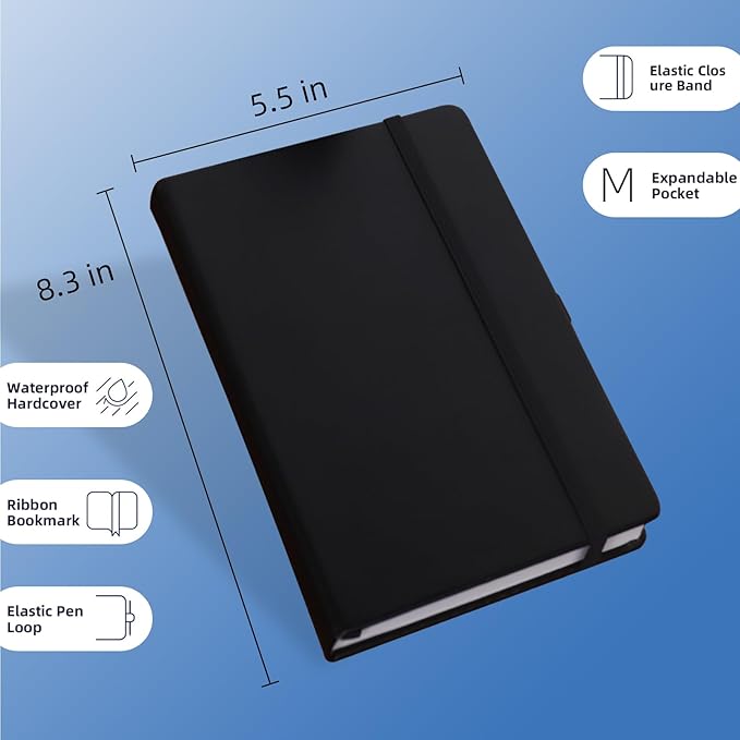 Black A5 Liend Journal Notebook, 7mm College Ruled Notepad, Journaling for Writing, Work, School, Travel and Note Taking, Hardcover 224 Pages (112 Sheets) 5.5 x 8.3 inches (8 Pack)