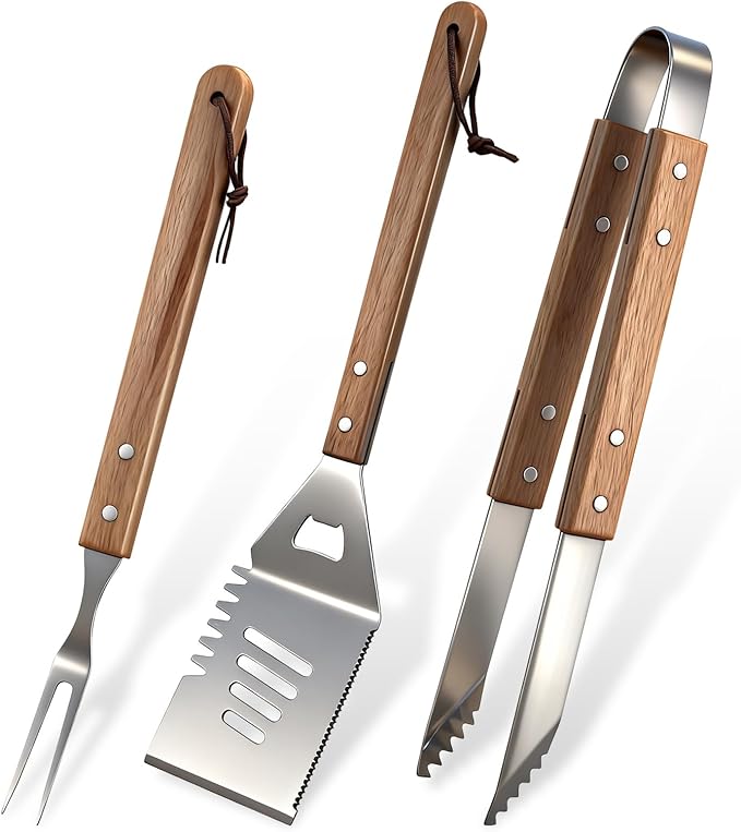 3 Pcs BBQ Grilling Accessories Set - Wooden Grilling Tools Set - BBQ Tongs Spatula Fork - Heavy Duty Stainless Steel Barbecue Grill Tools with Solid Hard Wood Handles Great Gift for Men