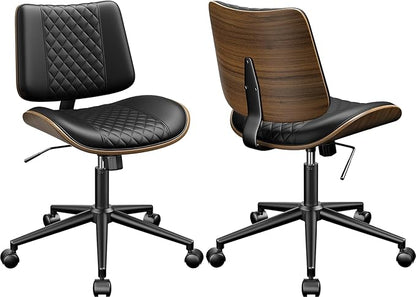 Armless Office Chair, Mid Century Modern Desk Chair with Walnut Wood Back & SGS Level 3 Gas Lift, Swivel PU Leather Computer Chair for Small Space, Home Office, 300lbs Cap, Black Set of 2