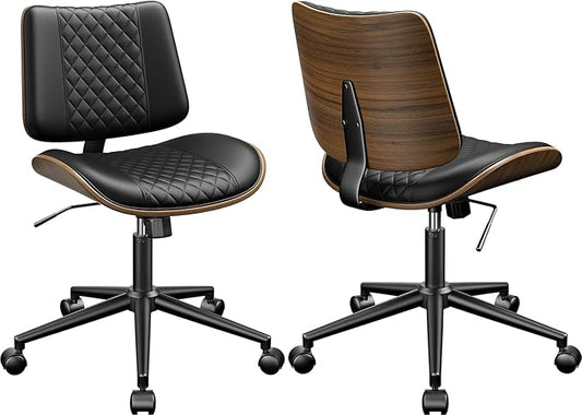 Armless Office Chair, Mid Century Modern Desk Chair with Walnut Wood Back & SGS Level 3 Gas Lift, Swivel PU Leather Computer Chair for Small Space, Home Office, 300lbs Cap, Black Set of 2