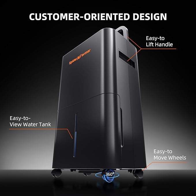 Spider Farmer Upgraded Dehumidifier with Drain Hose 2000 Sq.Ft.Dehumidifier with Smart Humidity Control Display, Air Duct, 24-Hour Timer, Provides Powerful Dehumidification for Grow Tent and Home