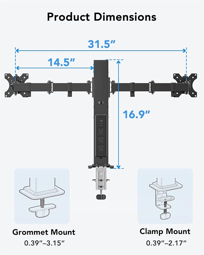 HUANUO Dual Monitor Stand with Power Outlet, Full Motion Double Monitor Stand with Adjustable Height, Supports 13″-32″ Displays up to 22 lbs, USB Ports and Stronger Pole, Desk Clamp and Grommet Mount