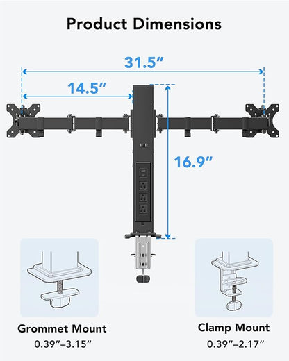 HUANUO Dual Monitor Stand with Power Outlet, Full Motion Double Monitor Stand with Adjustable Height, Supports 13″-32″ Displays up to 22 lbs, USB Ports and Stronger Pole, Desk Clamp and Grommet Mount