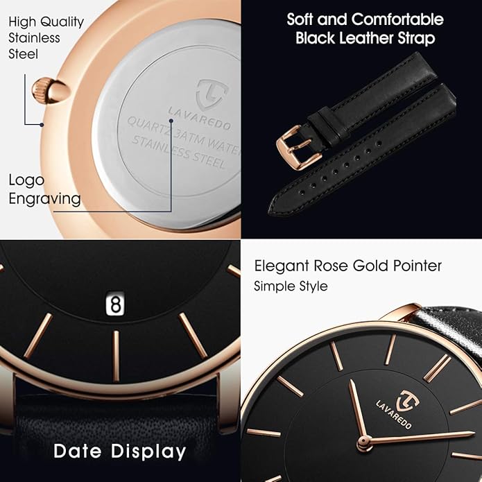 L LAVAREDO Watch for Men, Extremely Thin Mens Watches Minimalist Analog Men's Leather Wrist Watches with Time/Date, Birthday Gift for Men Boyfriend