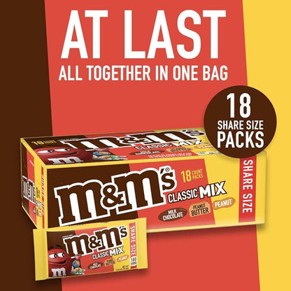 M&M'S Milk Chocolate Candy, Variety Pack, Milk Chocolate, Peanut, and Peanut Butter Full Size 2.5 oz Bag, Pack of 18 Bulk Candy