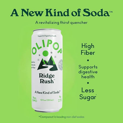 OLIPOP Sparkling Prebiotic Soda, Ridge Rush, Pantry Pack Packed with Prebiotics, Fiber, and Botanicals, Gluten Free, Vegan, GMO Free, 12oz Skinny Can (12 Pack)