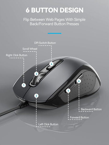 TECKNET Wired Mouse, USB Mouse for Laptop with 6-Button, 3600DPI Optical PC Wired Mice, Home and Office 5FT USB-A Corded Comfortable Mice, Plug & Play (Light Grey)