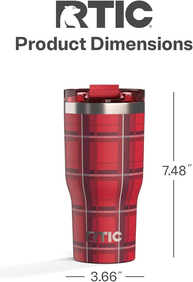 RTIC 20oz Essential Tumbler with Lid, Ceramic Lined, Insulated, Stainless Steel, Metal, Double Wall Vacuum-Insulation, Travel Cup for Iced Coffee, Tea, Hot and Cold Drink, Red Plaid