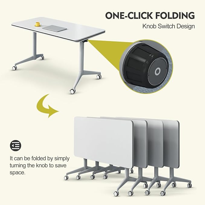 Folding Conference Table Modern Large Mobile Meeting Table Rolling Conference Room Tables with Wheels Seminar Tables for Office Training Classroom (6, White, 63" D X 19.7" W X 29.5" H)