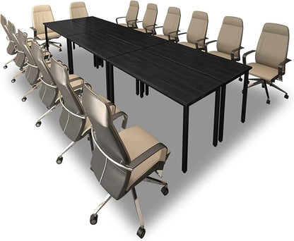 Bonzy Home Conference Tables 12ft Office Computer Desk for Meeting Room Study Writing Printer Table Save Space Design for 14 People Rustic Vintage Black 6PCS 141.6"x47.2"x29.5",Black
