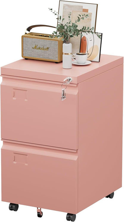 SUXXAN 2 Drawer Mobile File Cabinet with Lock, Under Desk Metal Filing Cabinet for Office, Home,Vertical Cabinet Legal/Letter Size, Need to Assembled (Pink)
