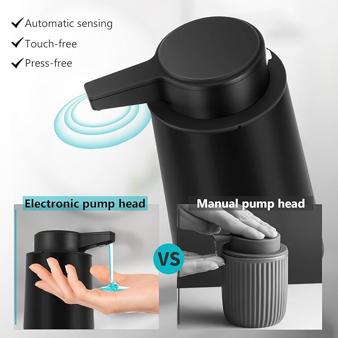 Automatic Soap Dispenser Liquid Touchless: 9oz Plastic Black 3-Level Adjustable Modern Rechargeable Electric Smart Auto Soap Dispenser - Bathroom Kitchen Hand Dish Lotion