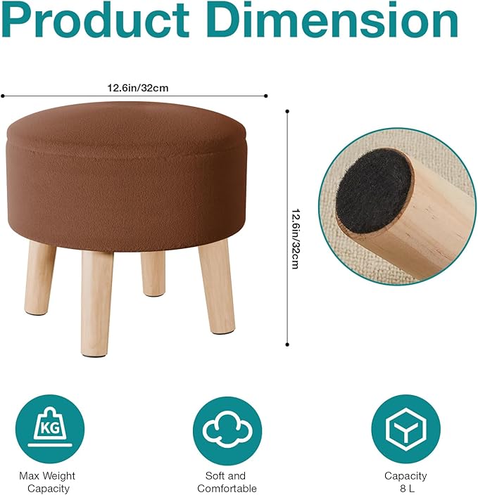 Poofzy Small Ottoman with Storage, Small Foot Stool Ottoman with Wood Legs, Velvet Foot Rest for Couch, Living Room and Bedroom - Brown