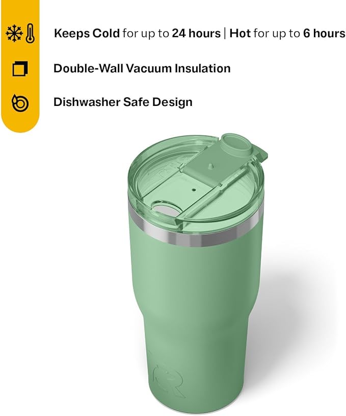RTIC 30oz Essential Tumbler with Lid, Ceramic Lined, Insulated, Stainless Steel, Metal, Double Wall Vacuum-Insulation, Travel Cup for Iced Coffee, Tea, Hot and Cold Drink, Sage