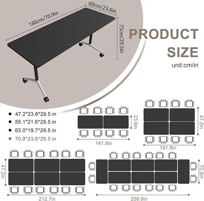Folding Conference Table, Rectangular Conference Room Tables, Mobile Modular Training Table, Solid Steel Frame,Thickened Panel,for Offices,Meeting Room,Offices andSchools (8, Black, 71in)