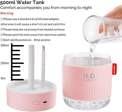 Portable Mini Cool Mist Humidifier, 500ml USB Personal Desktop Humidifier for Baby Bedroom, Travel, Office, Home - Auto Shut-Off, 2 Mist Modes, Super Quiet (Pink)