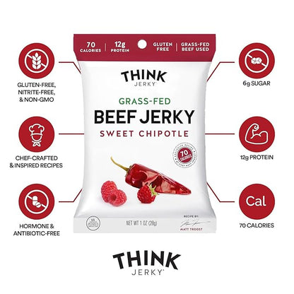 Think Jerky Sweet Chipotle Beef Jerky, Grass-Fed High Protein Beef, Gluten Free, No Antibiotics or Nitrates, Healthy Chef Crafted Recipe, Low Calorie and Low Fat - 1.0 oz Bags, 8 Pack