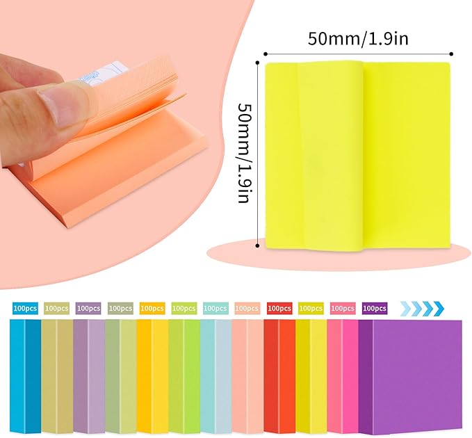 12 Pads Mini Sticky Notes 2 x 2In,12 Bright Colorful Sticky Note Pads 50 x 50mm,1200 Sheets Small Posted Notes,100 Sheets/Pad Super Sticking Power Memo Pads Bulk for School,Offices & Home Use